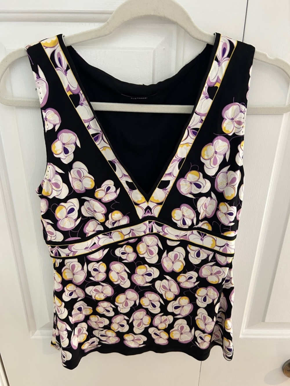 Elie Tahari Black Tank with Purple & Yellow Floral Motif